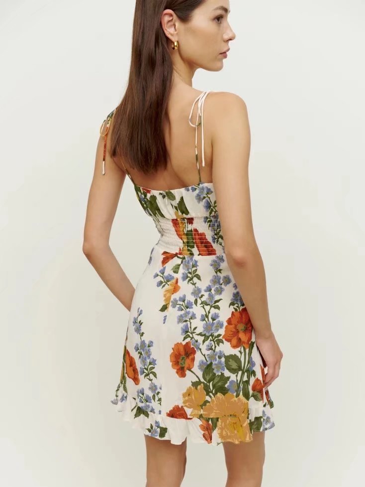 New Gentle Korean Contrast Color A- line Dress Sexy Dress Spring Summer Print Split Sling Dress for Women Tie Strap