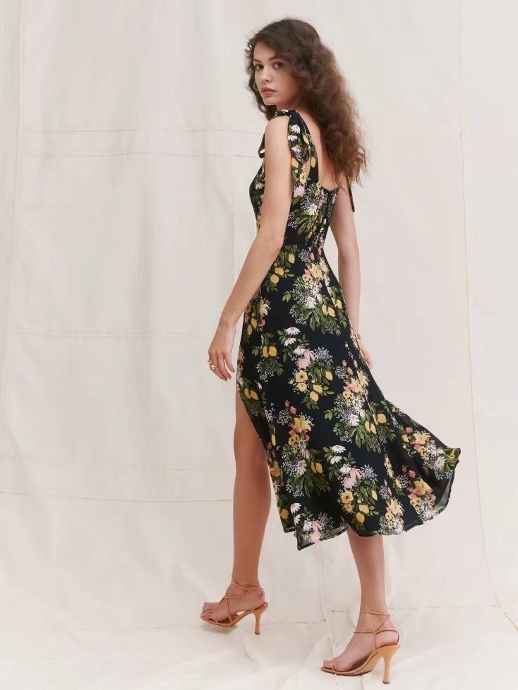 Spring Summer Vacation High Waist Print A line Dress American Retro New Side Slit Strap Dress for Women
