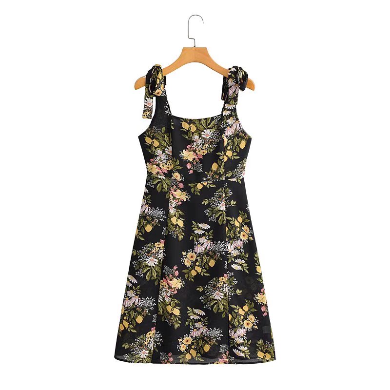 Spring Summer Vacation High Waist Print A line Dress American Retro New Side Slit Strap Dress for Women