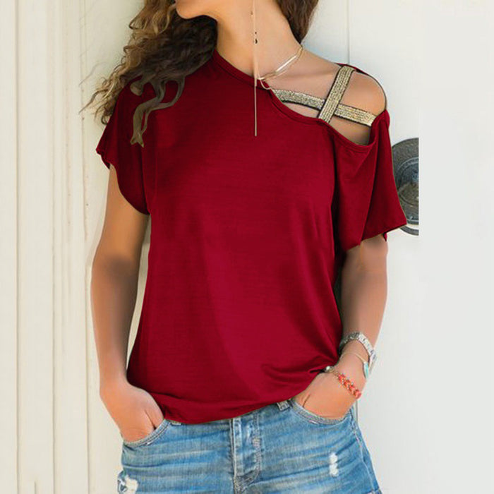 Summer Casual Criss Cross Irregular Asymmetric Short Sleeve Women Printed Wear T-shirt for Women