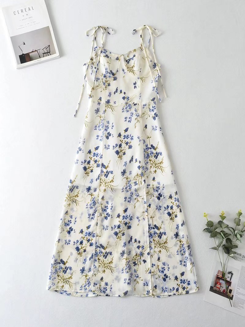 French Summer Women Strap Floral Dress High Waist Slimming Mid-Length
