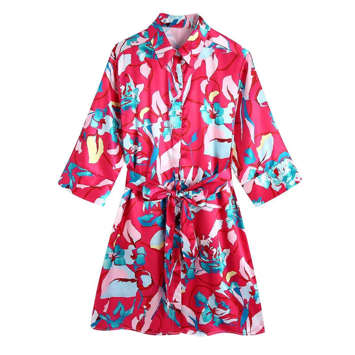 Summer Women Mid-Length Dress Floral Printed Shirt Dress