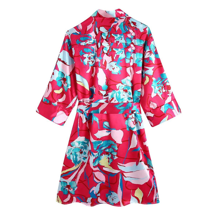 Summer Women Mid-Length Dress Floral Printed Shirt Dress