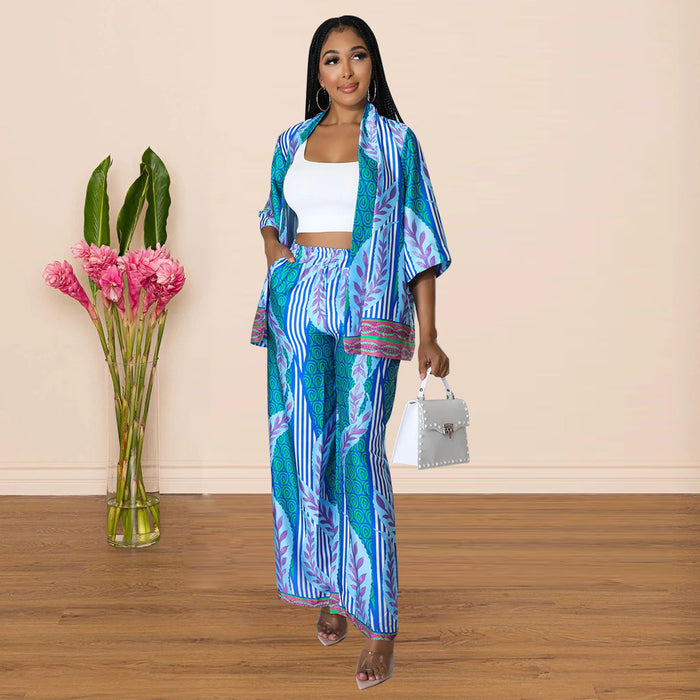 Women Clothing Silk-like Printed Wide-Leg Pants Two-Piece Set Multi-Color Optional