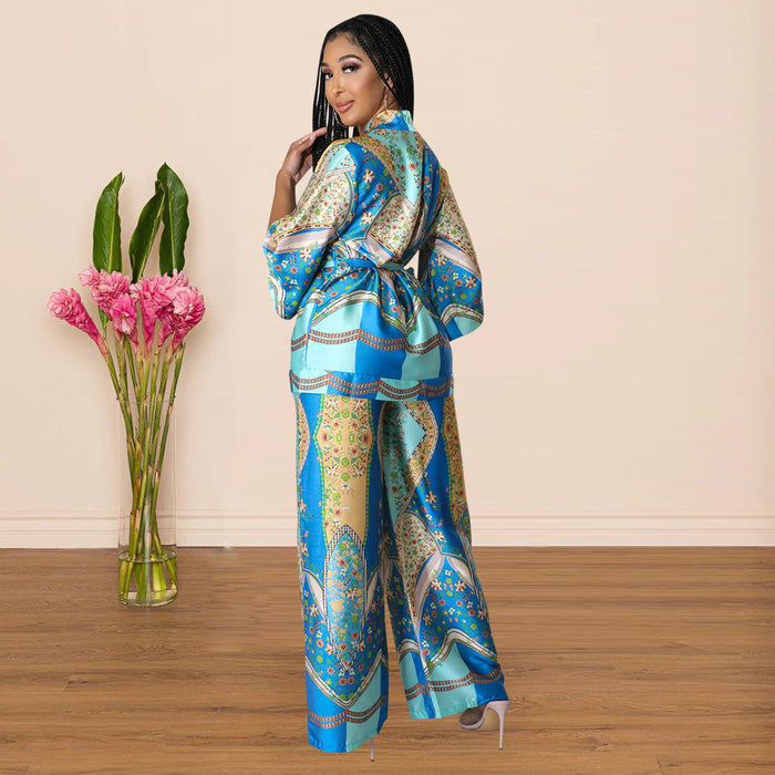 Women Clothing Silk-like Printed Wide-Leg Pants Two-Piece Set Multi-Color Optional