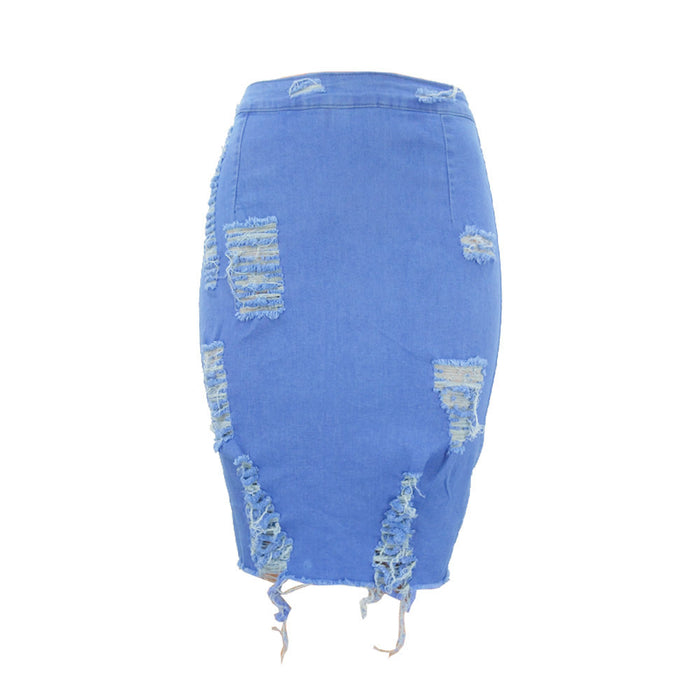 Spring Summer Ripped Internet Celebrity Denim Skirt Women Hip-Wrapped Skirt