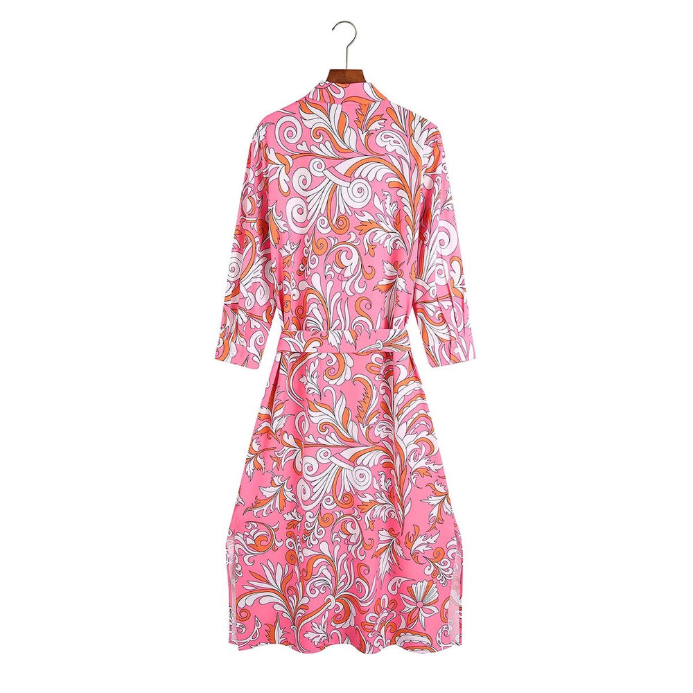 Summer Women Clothing Ethnic Polo Collar Slim-Fit Printed Poplin Dress