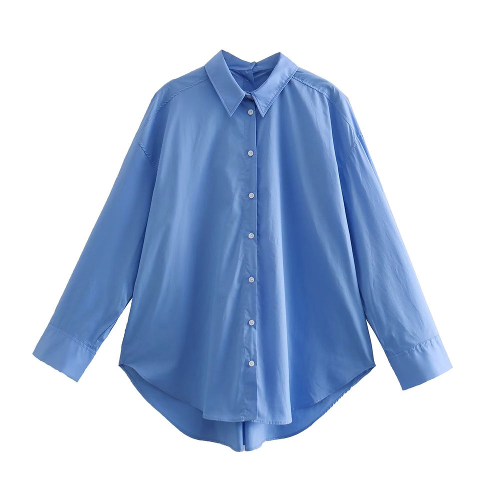 Summer Cotton Solid Color Loose-Fitting Women Shirt Front Rear Collared Poplin Long Sleeve Shirt for Women