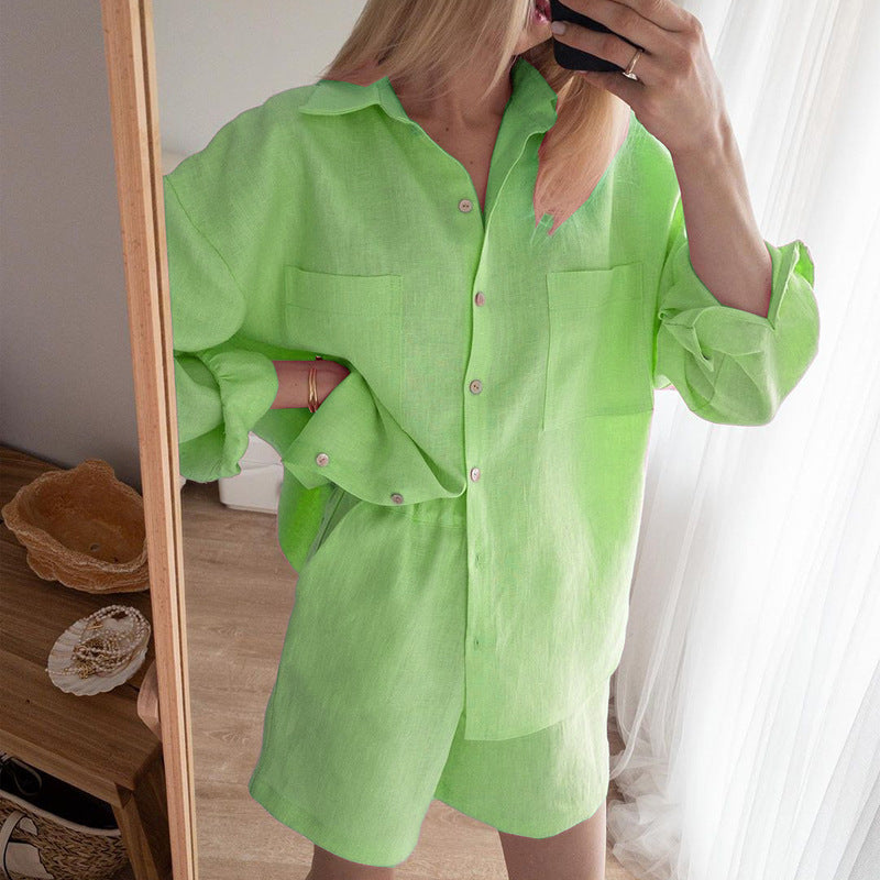 Women Clothing All-Match Shirt Elastic Waist Shorts Two-Piece Suit