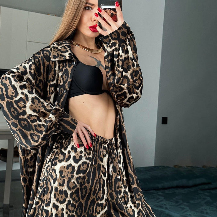 Spring Women Clothes Suit Long Sleeve Leopard Print Loose Two Piece Suit