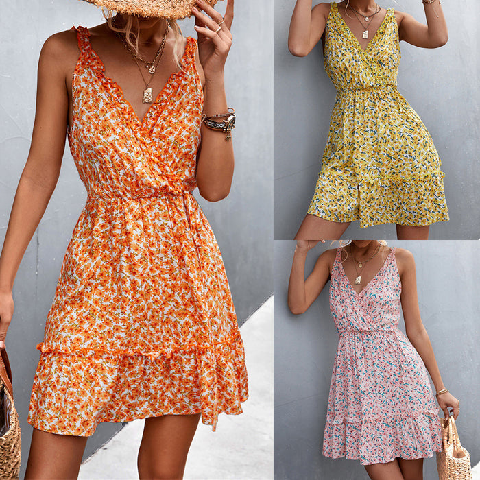 Spring Summer V-neck Lace-up Ruffled Floral Strap Dress