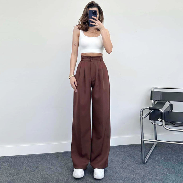 Casual Pants Women Elegant Linen Fabric Straight High Waist Trousers