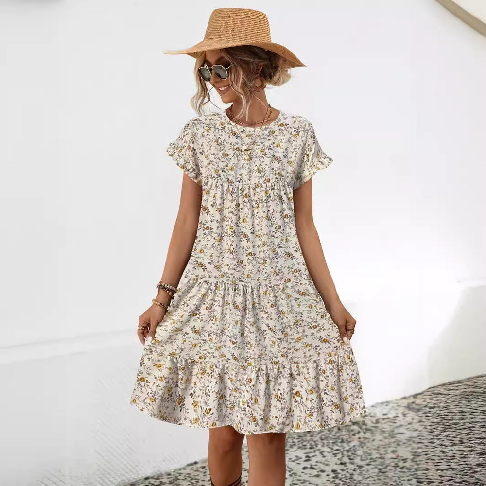 Spring Summer Women Clothing Popular round Neck Ruffle Sleeve Printed Dress