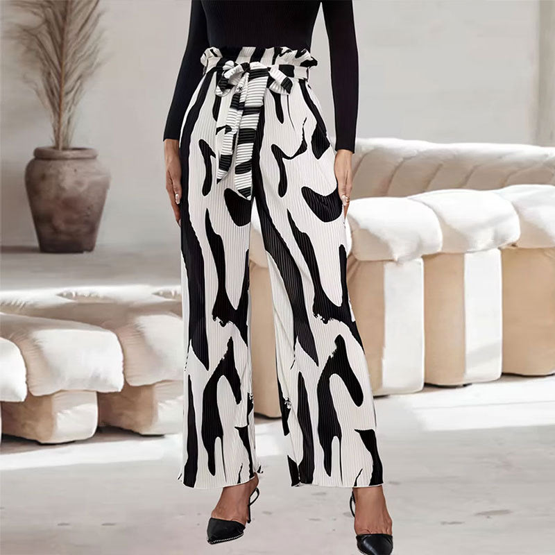 Summer Elegant Pleated Printed Waist Wide Leg Pants with Belt Office Contrast Color Casual Pants Women Trousers