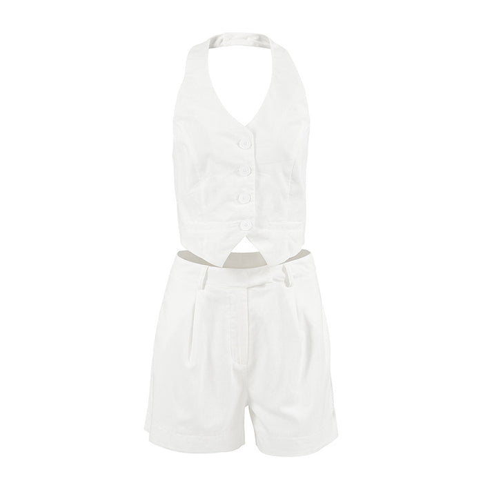 White Cotton Linen Halter Sleeveless Vest Pants Spring Summer Two Piece Set for Women