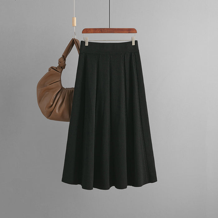 Mid Length Autumn Winter Draping Effect A line Khaki Knitted Skirt Women Winter Sweater