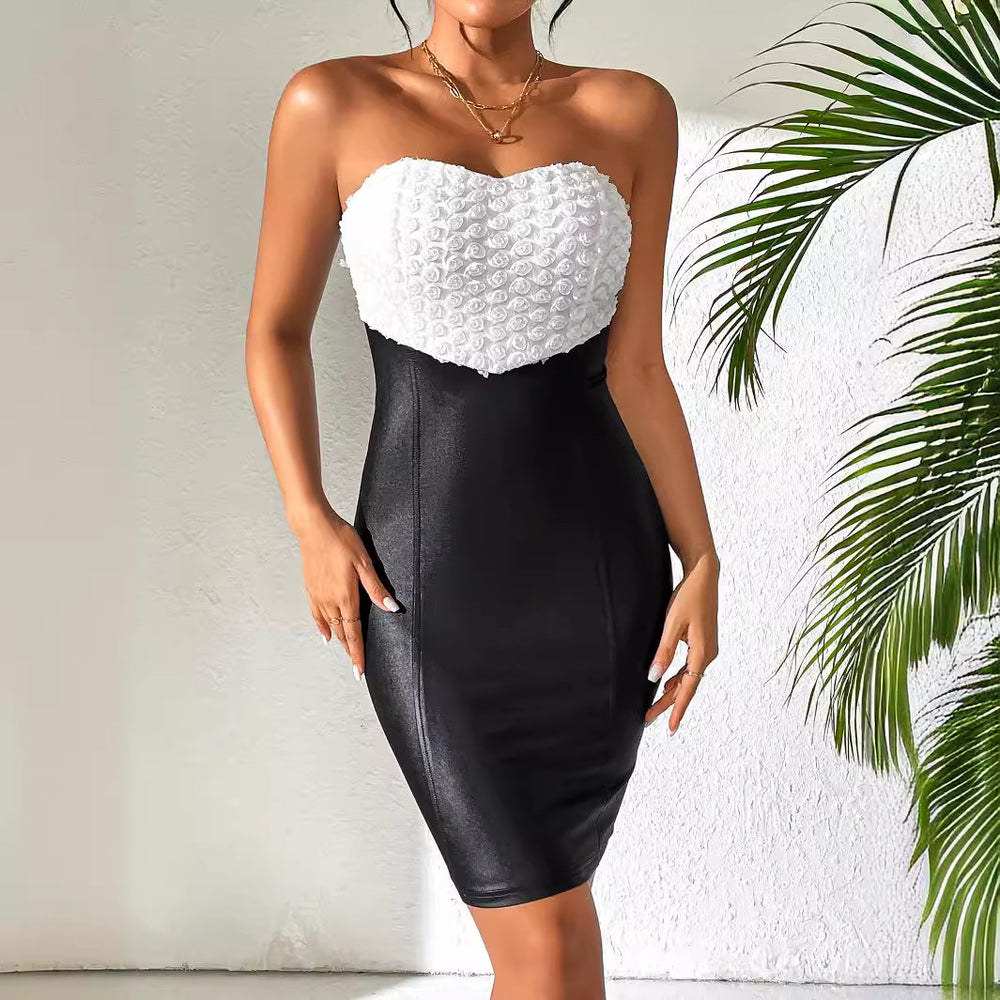 Women Sexy off the Shoulder Tube Top Tight Zipper Faux Leather Sheath Dress