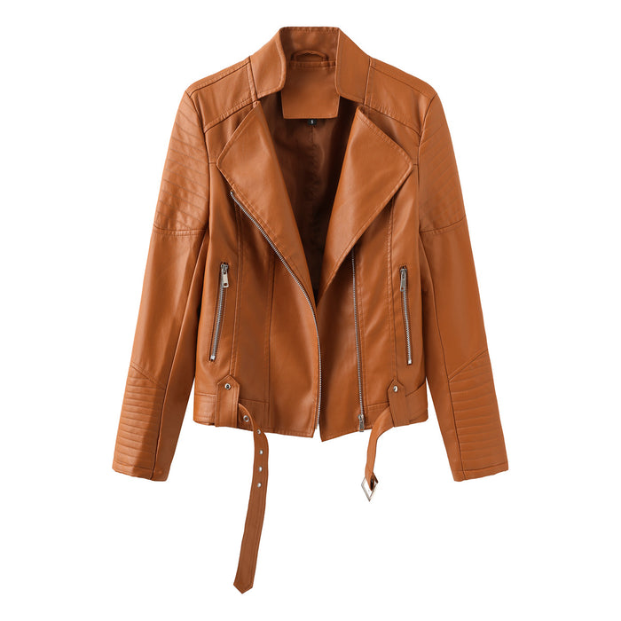 Including Belt Street Hipster Leather Long Sleeved Spring Autumn Thin Women Jacket V Neck Faux Leather Jacket