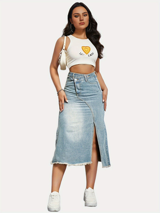 Autumn Retro Denim Skirt Women Fashionable with Side Slit Stitching Mid Length