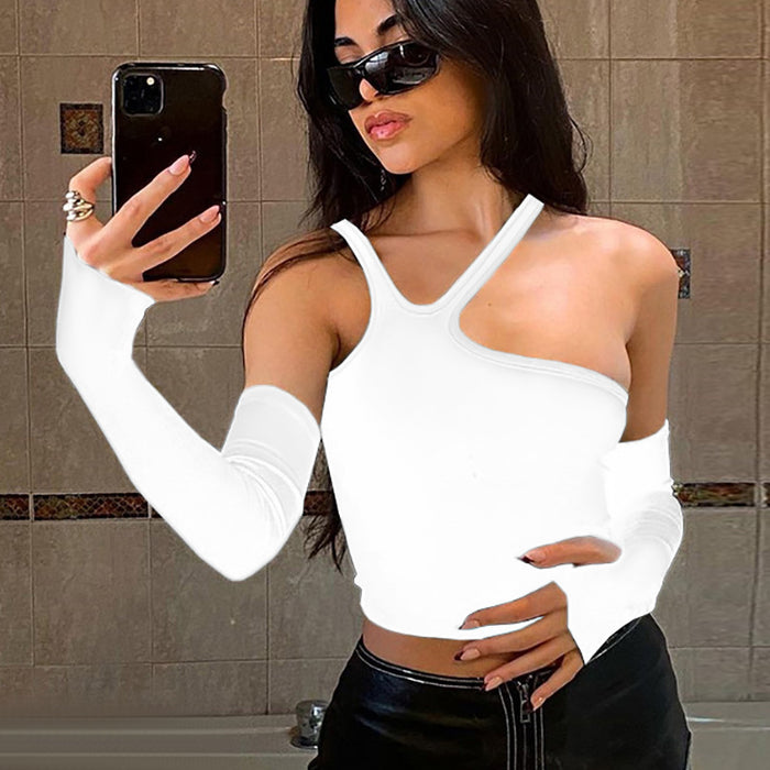 Fall Women Clothing Cropped Strapless Irregular Asymmetric Split Oversleeves Slim Fit Sexy T shirt Women