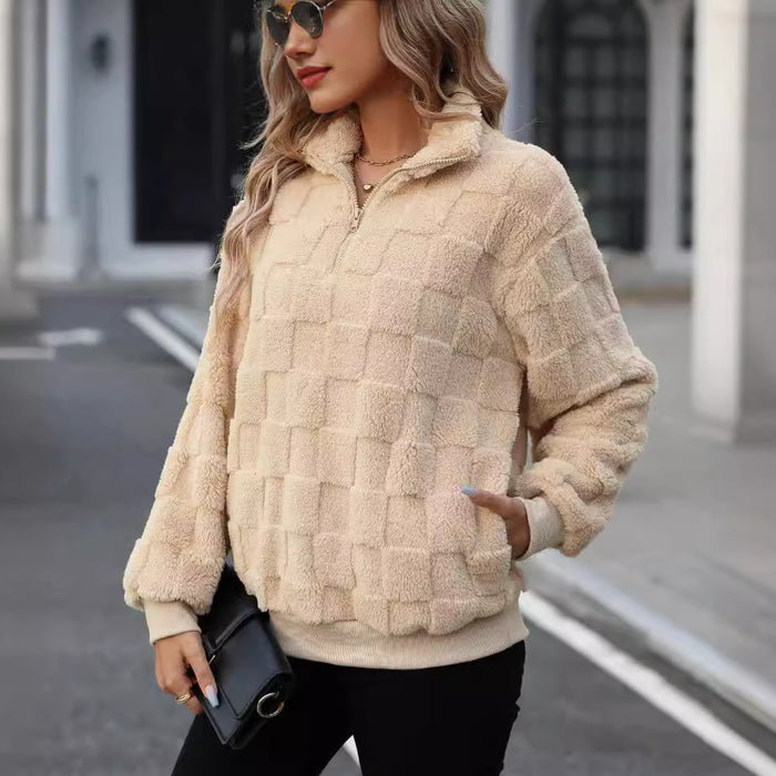 Flash Velvet Autumn Winter Women Clothing Half Zipped Stand Collar Loose Plaid Plush Pullover Sweater