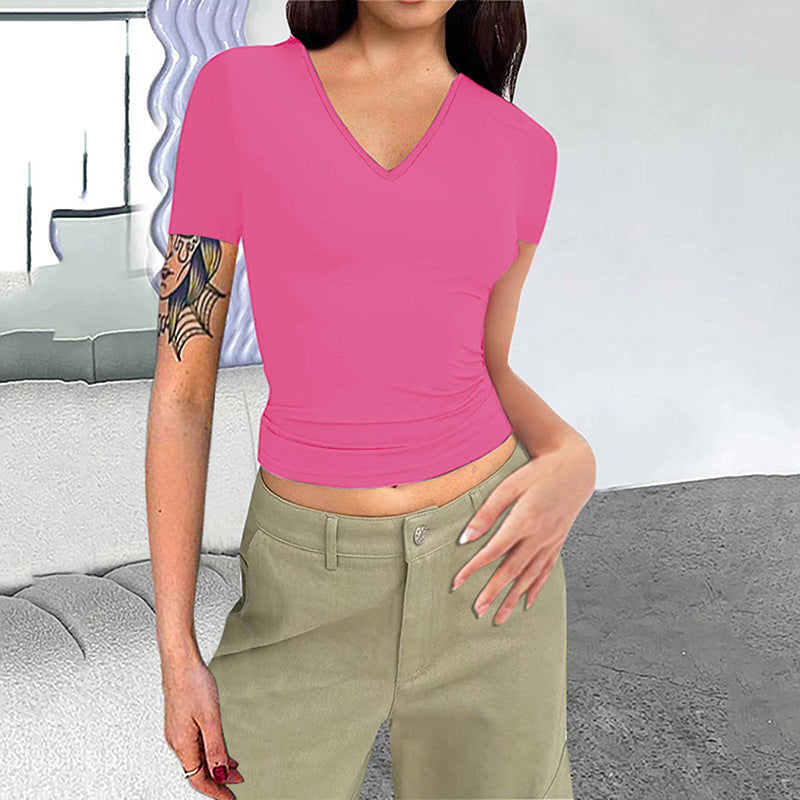 Women Clothing Solid Color V neck Slim Short Sleeved Tops Cropped T shirt