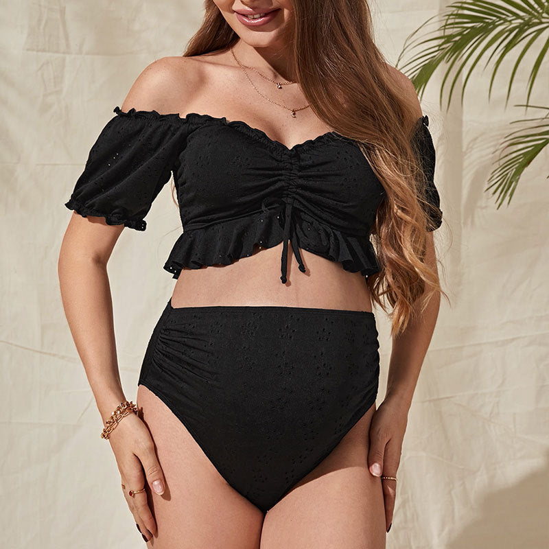 Women Bikini Maternity Dress Sexy Solid Color Short Sleeve Flash Split Swimsuit