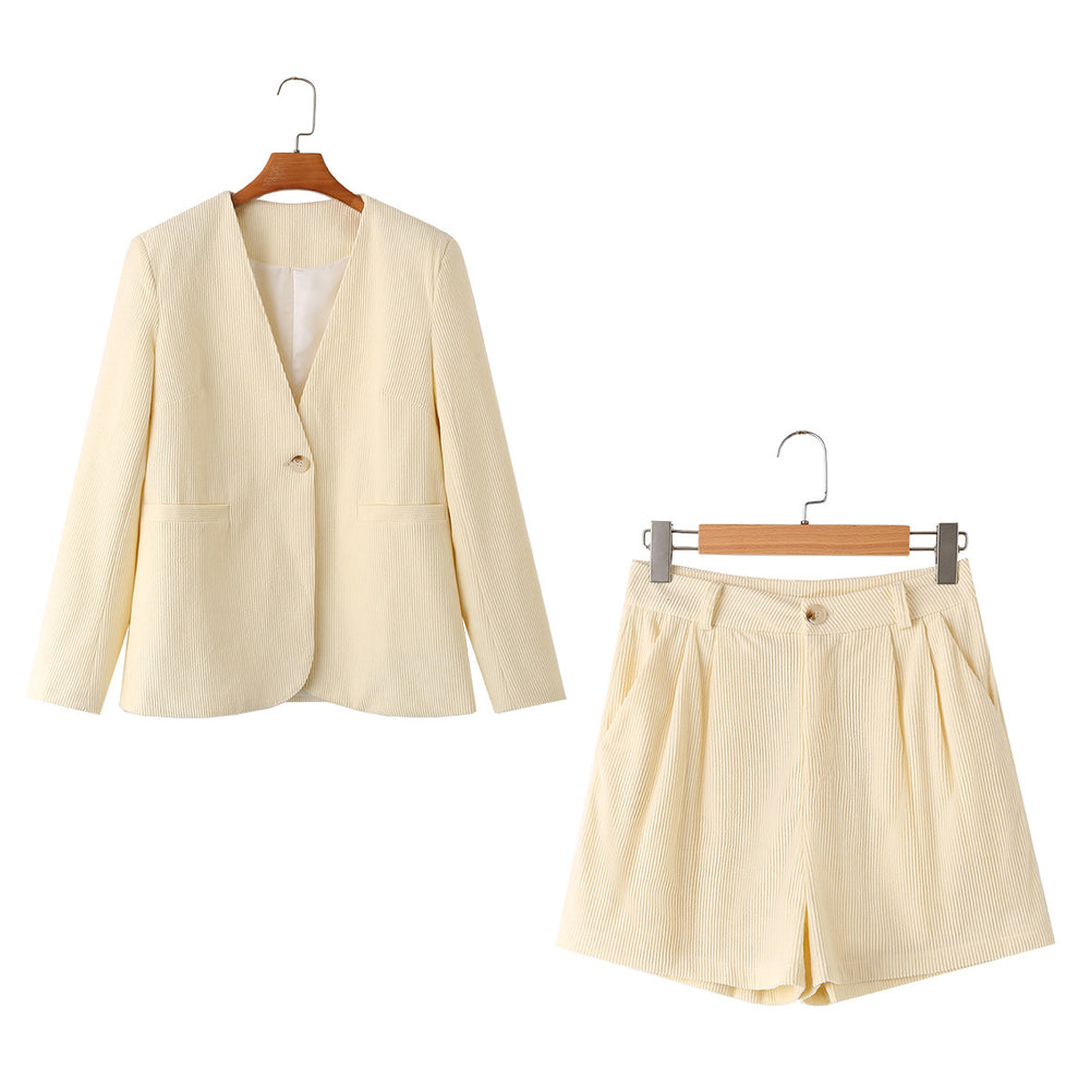 Women Clothing Simple Casual Long Sleeve Light Velvet Core Shorts Set