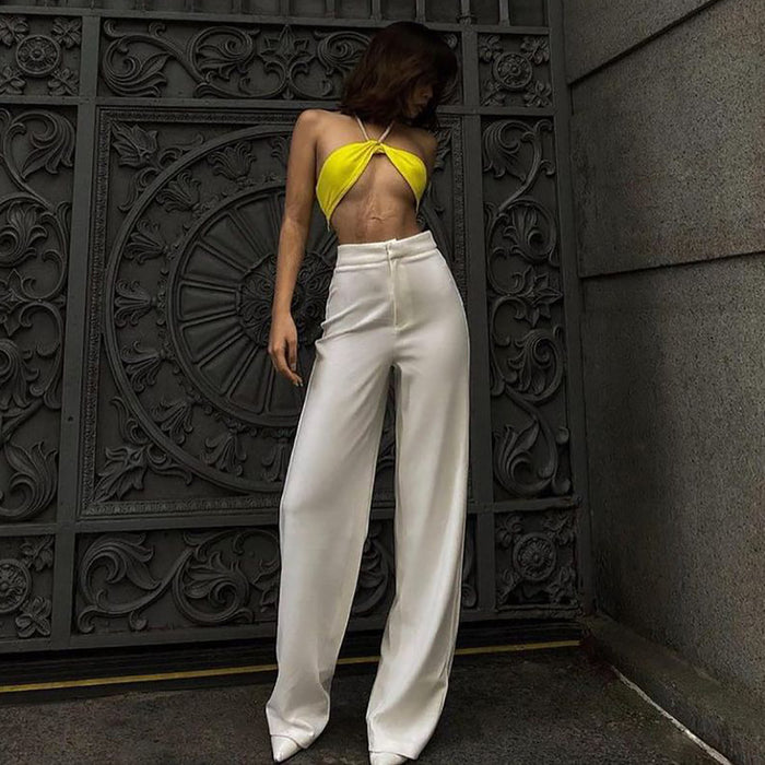 Summer Thin Yellow Sexy Top Women Clothing Elegant Halter Sling Tube Top High Waist Short Slim Vest