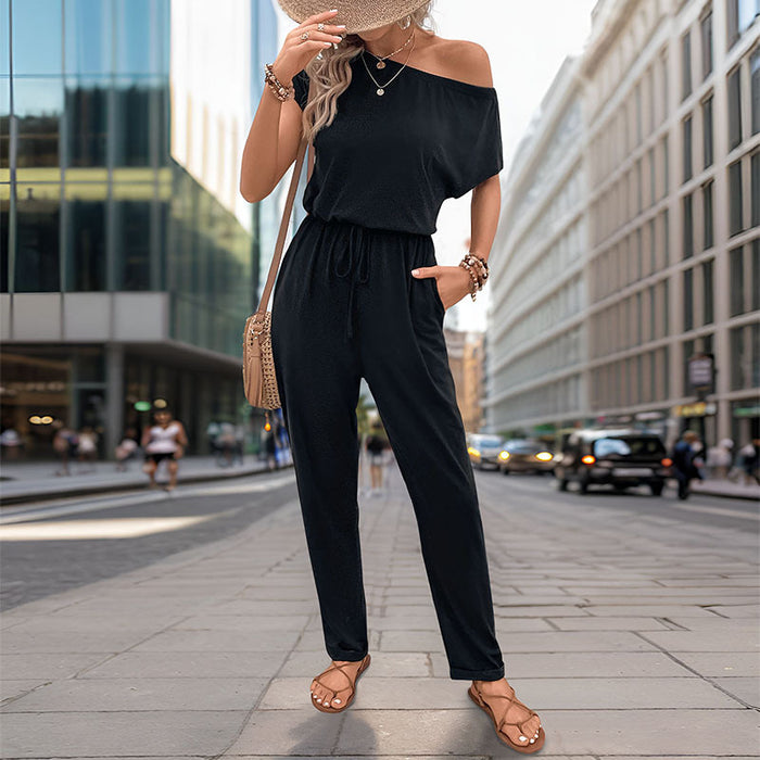 Summer Women Shoulder Solid Color Jumpsuit Trousers