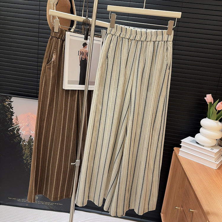 Korean Striped Culottes Women Summer Thin Casual Pants Loose Wide Leg Pants Draping Effect High Pants
