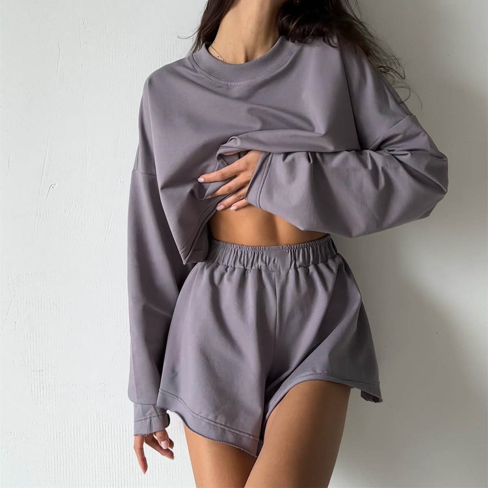 Casual Loose Sports sets Women Long Sleeve Sweater Top Shorts Two Piece Set Solid Color Homewear