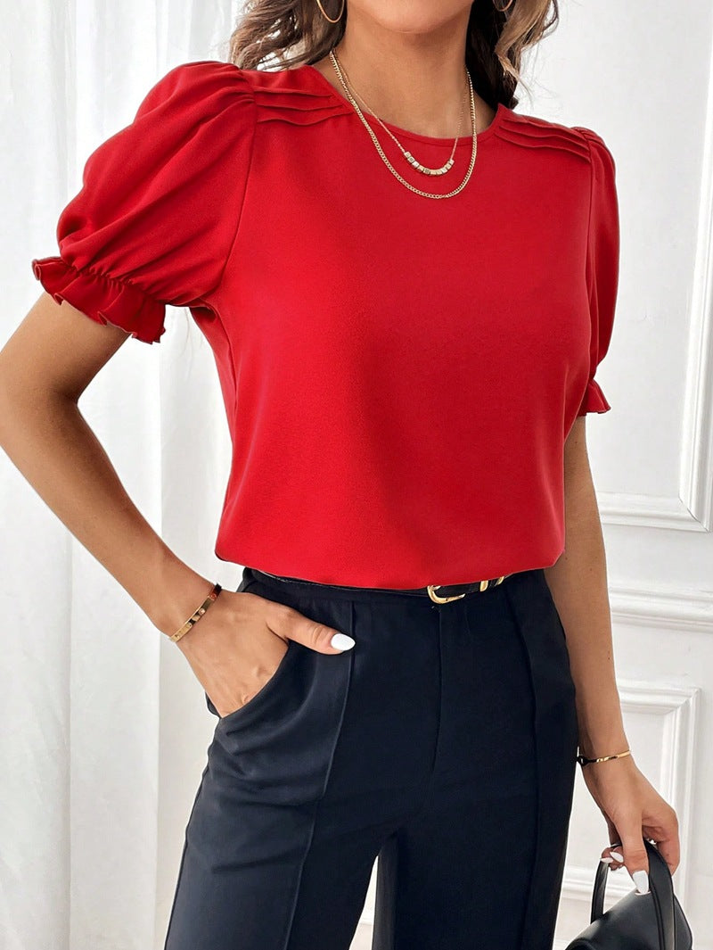 Shopping Women Clothing Summer Solid Color Round Neck Shirt Top