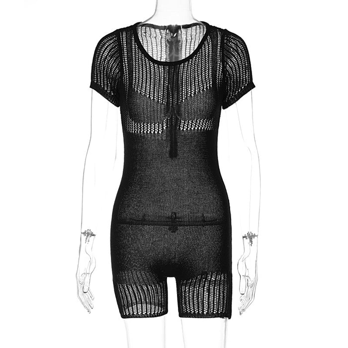 Summer Women Clothing Zipper Sexy Cutout Skinny Hip Raise Knitted Short Romper Women