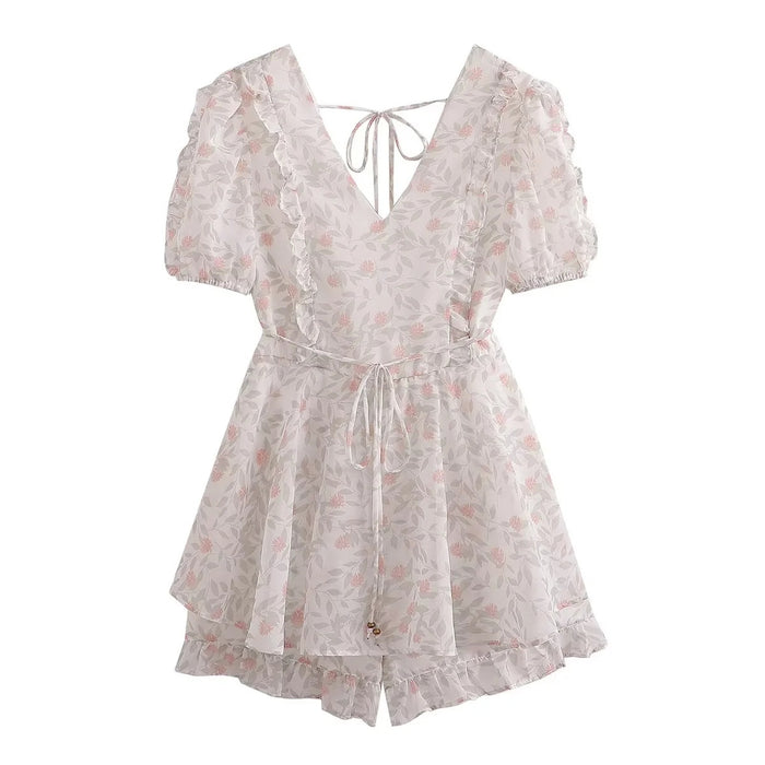 Spring V neck Slingback Printed Ruffled Short Sleeves Jumpsuit Shorts Women