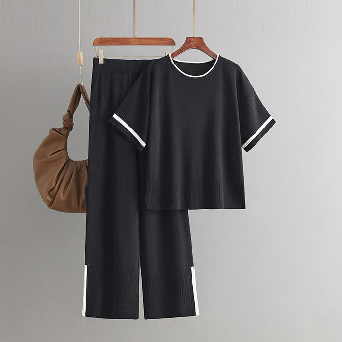 Women Clothing Casual Suit Contrast Color Short Sleeve Wide Leg Pants Pants Slit Two Piece Set