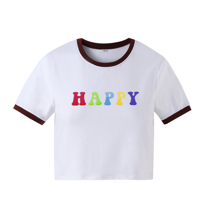 Women Clothing New Happy Letter Graphic Printed Short Slim Fit Short Sleeved T shirt