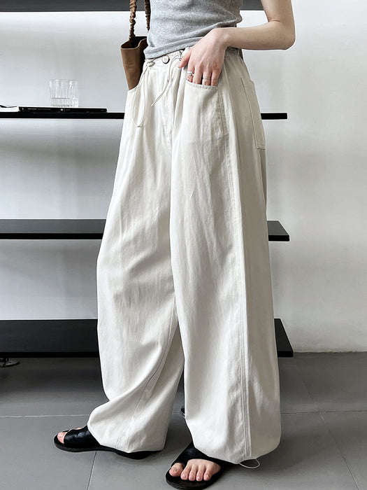 Retro Tencel Cotton Drawstring Elastic Waist Loose Cargo Pants Women Wide Leg Pants Casual Trousers