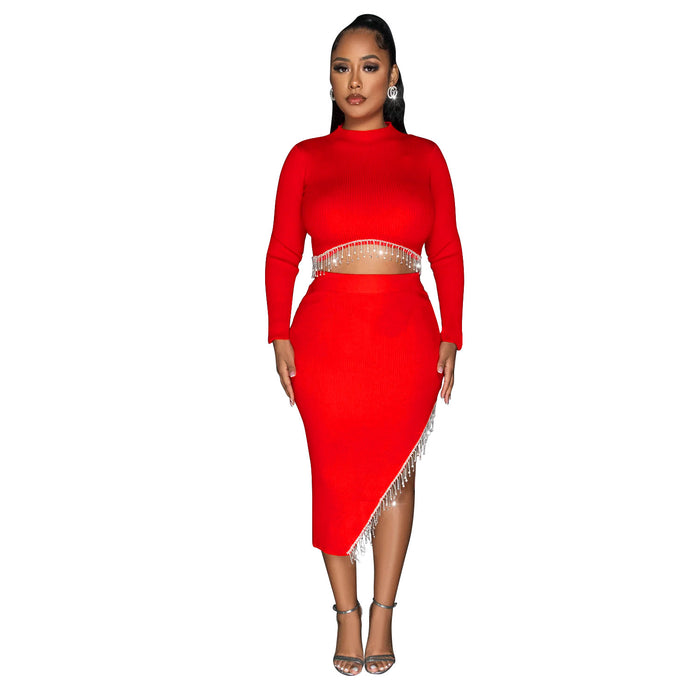 Women Wear Solid Color Long Sleeve Cropped Dress Two Piece Set for Women