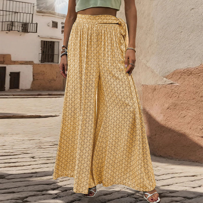 Summer Loose Wide Leg Pants Women Clothing Tied High Waist Casual Printed Trousers