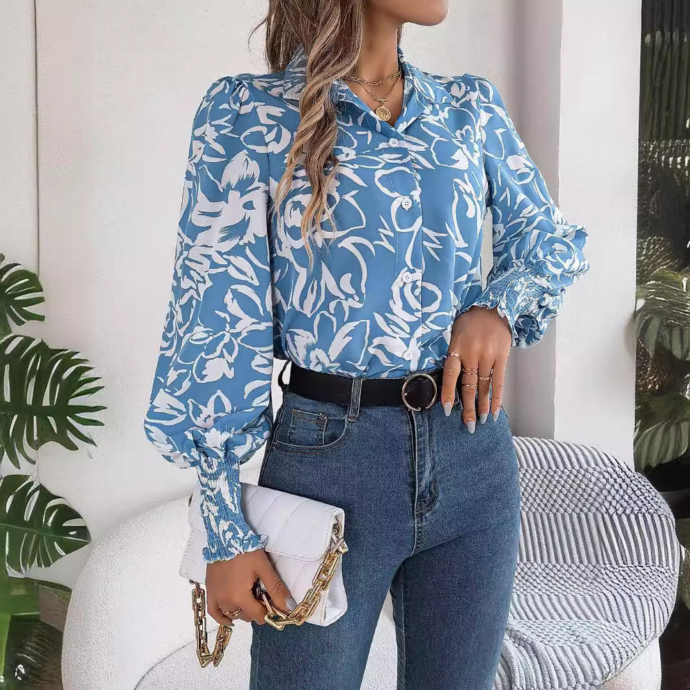 Real Shot Autumn Winter Elegant Contrast Color Floral Lantern Sleeve Collared Shirt Women Clothing
