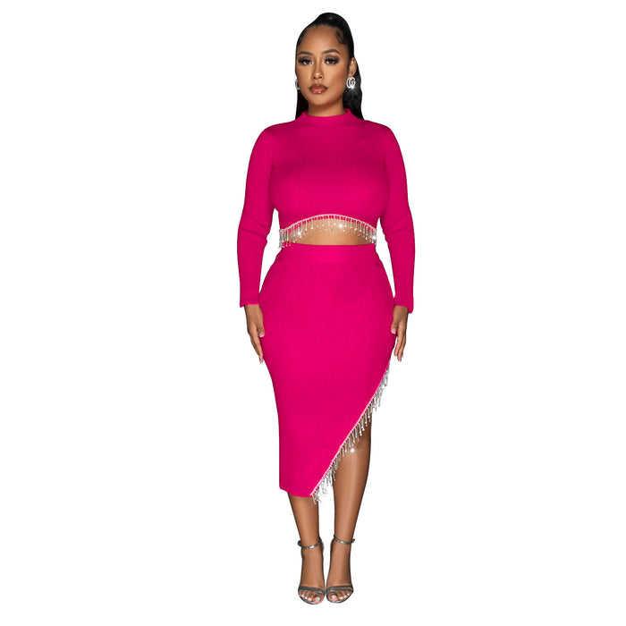 Women Wear Solid Color Long Sleeve Cropped Dress Two Piece Set for Women