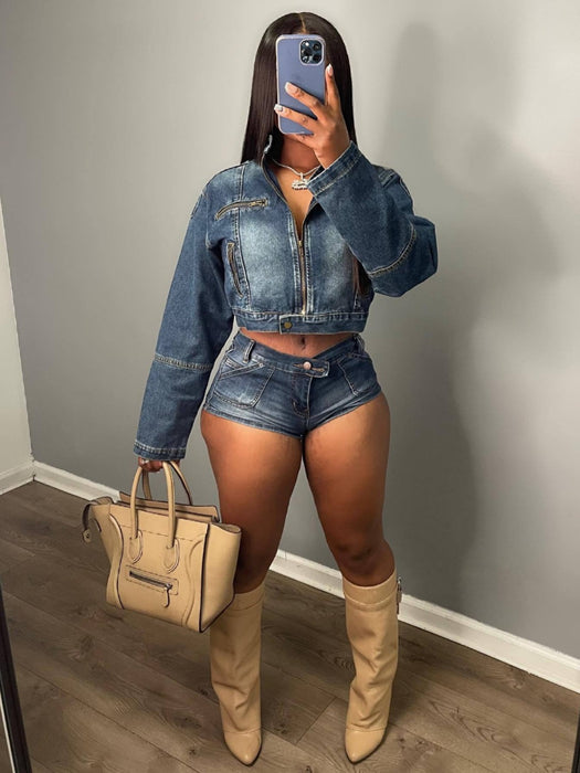 Casual Stretch Denim Two Piece Set Women Clothing