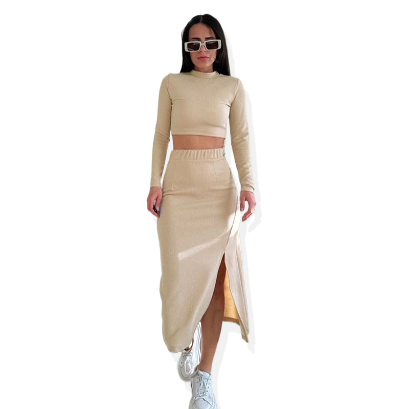 Spring Autumn Solid Color Round Neck Long Sleeve Women Two Piece Suit Split Skirt Set