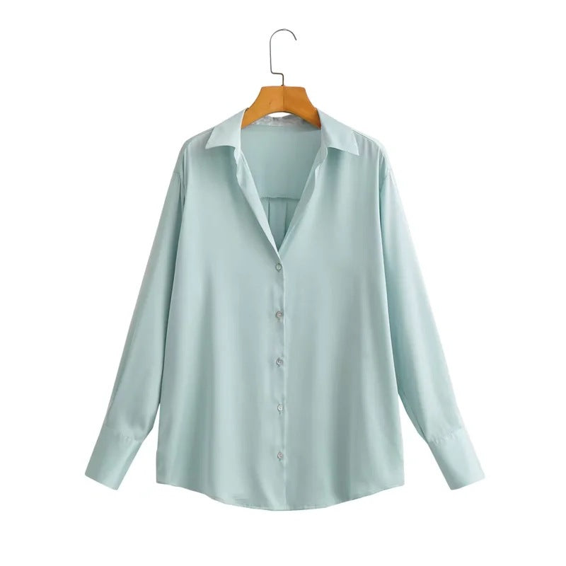 Women Clothing Spring New Fashion Silk Satin Texture Loose Lapels Shirt