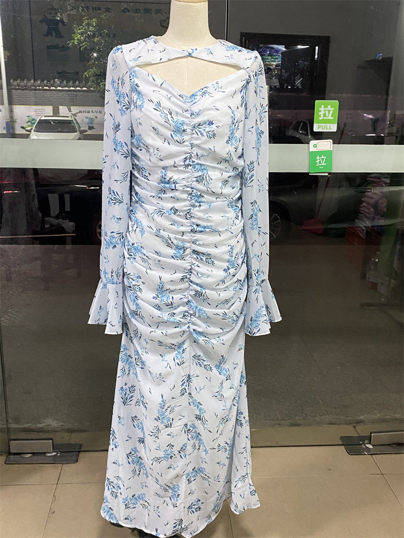 Women Spring Summer Pleated Advanced Printed Chiffon Women Length Dress