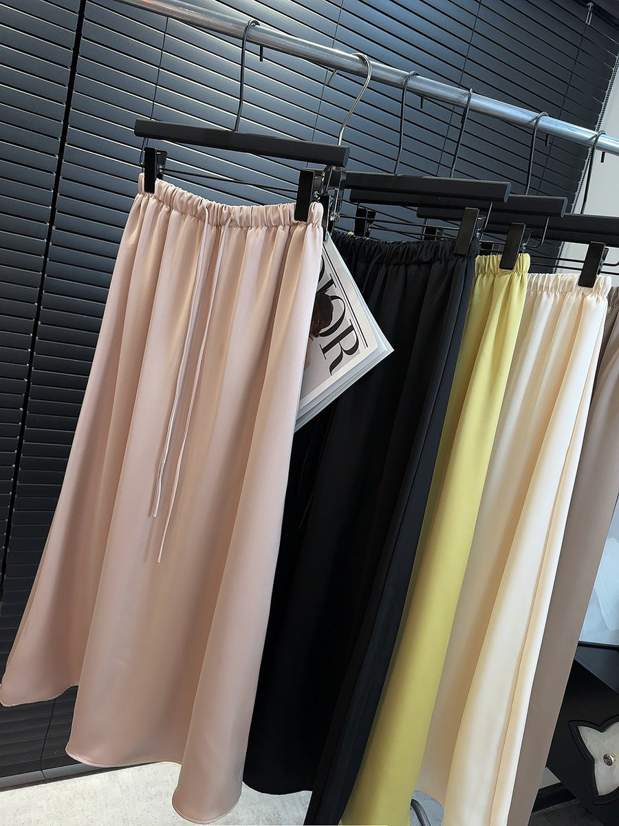 Acetate Satin Skirt Straight Long Skirt Spring Solid Color Lazy Lace up High Grade Draping Smooth A line Skirt