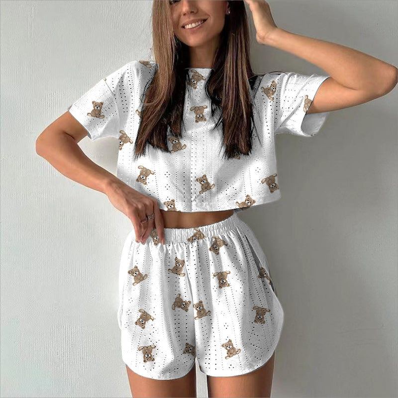 Spring Summer Sports Casual Women Printed Hollow Out Cutout out Split Cropped Short Two Piece Set
