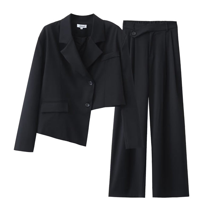 Autumn Winter Irregular Asymmetric Design Short Blazer High Waist Wide Leg Pants Set