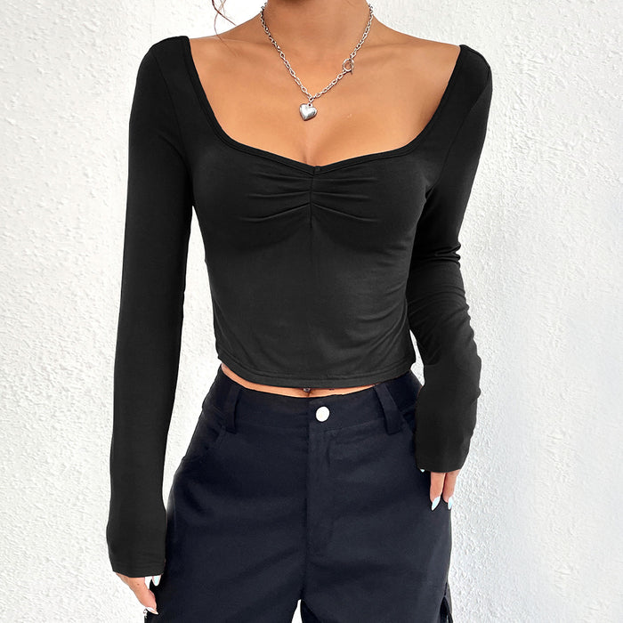 Autumn Winter Women Clothing Trend Slim Fit Slit Sexy Heart Collar Long-Sleeved T shirt Top